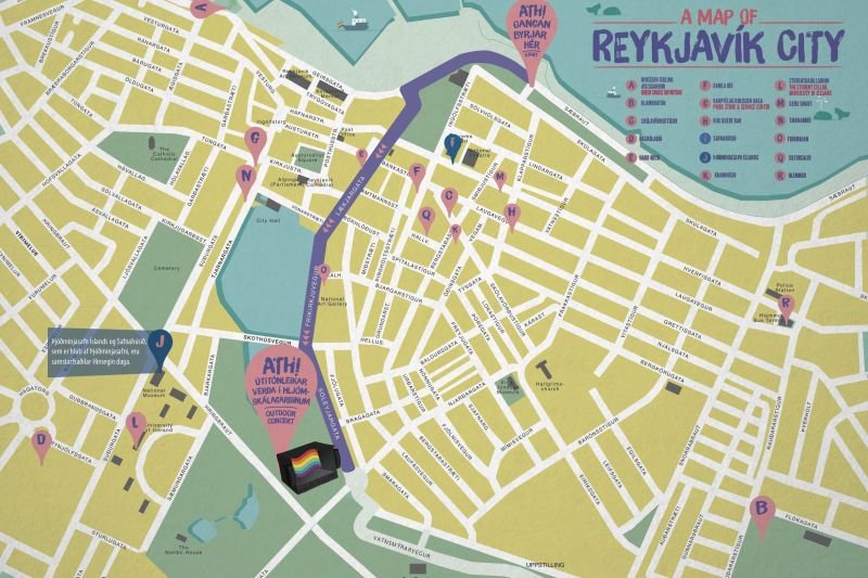 Kort af Gleðigöngu Hinsegin daga í ár. Tekið frá Reykjavíkurborg.