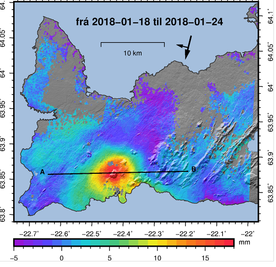 Myndin sýnir jarðskorpuhreyfingar á Reykjanesskaga 18.-24. janúar mældar með InSAR bylgjuvíxlmælingum á myndum frá Sentinel-1 gervitunglinu (InSAR: interferometric analysis of synthetic aperture radar images). Miðja svæðisins þar sem breytingar greinast í myndinni er við fjallið Þorbjörn. Rauði liturinn táknar breytingar yfir 15 millimetra.
