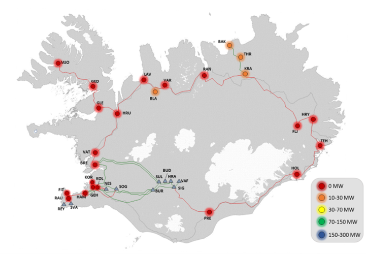 Mynd 2: Tiltæk afhendingargeta í kerfi Landsnets. Flutningskerfið er uppselt.