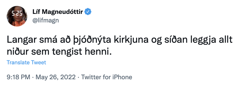 Twitter-færsla Lífar en hún hefur nú eytt henni. Mynd: Skjáskot/Twitter