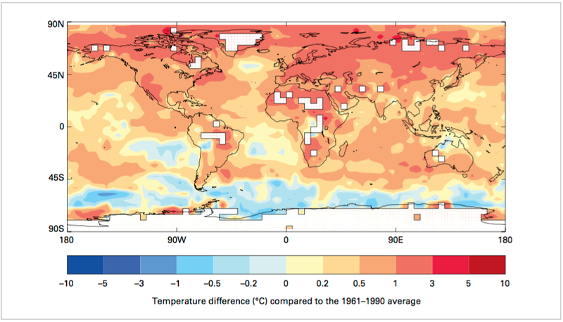 Myndin sýnir hvar hlýnunin hefur átt sér stað; nefnilega á norðurhveli jarðar þar sem ís bráðnar hratt.