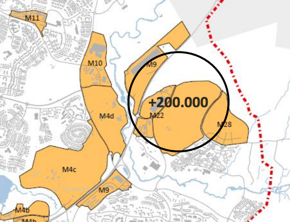 Í tillögum skipulagsyfirvalda er lagt til að ekki verði heimilt að byggja neitt íbúðarhúsnæði á þeim reit sem heitir M22 og sést á myndinni.