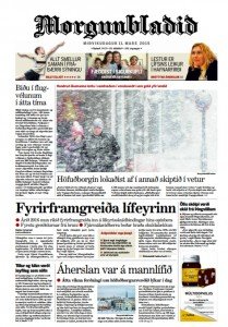 For­síða Morg­un­blaðs­ins 11. mars 2015. Í for­síðu­frétt­inni er haft eftir Bjarna Bene­dikts­syni að greiðslur inn á ófjár­magn­aðar skuld­bind­ingar opin­berra líf­eyr­is­sjóða muni hefj­ast árið 2016.