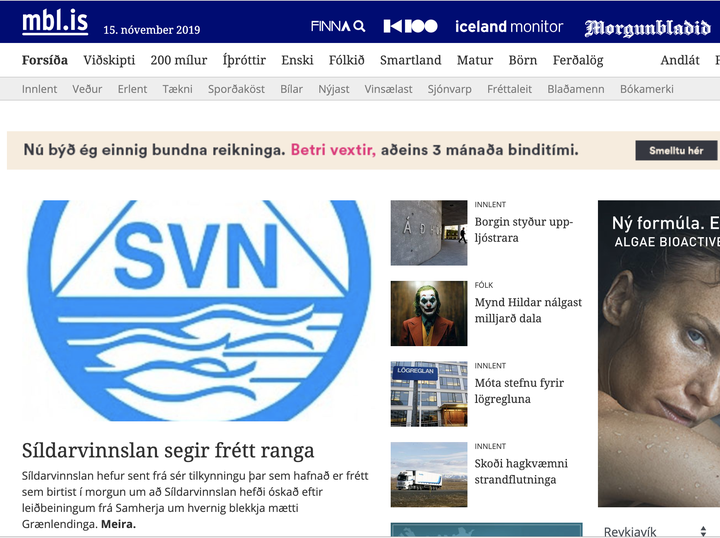 Skjáskot af síðu mbl.is 15. nóvember 2019