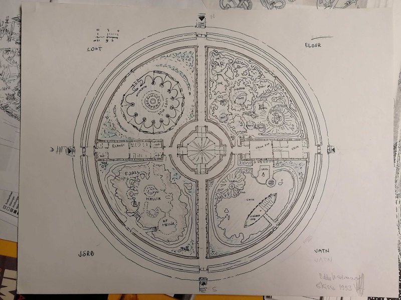 Vé, gömul skissa frá 1993, af véi, sem sýnir þessa hugsun að hafa hlið í höfuð áttir á mannvirkjum sem Haukur hannar. Mynd: Haukur Halldórsson