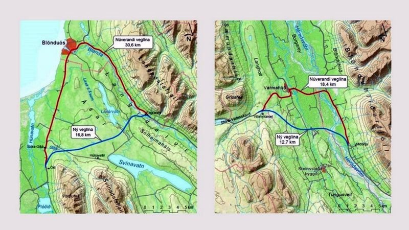 Húnavallaleið til vinstri og Vindheimaleið til hægri. Mynd: Samgöngufélagið