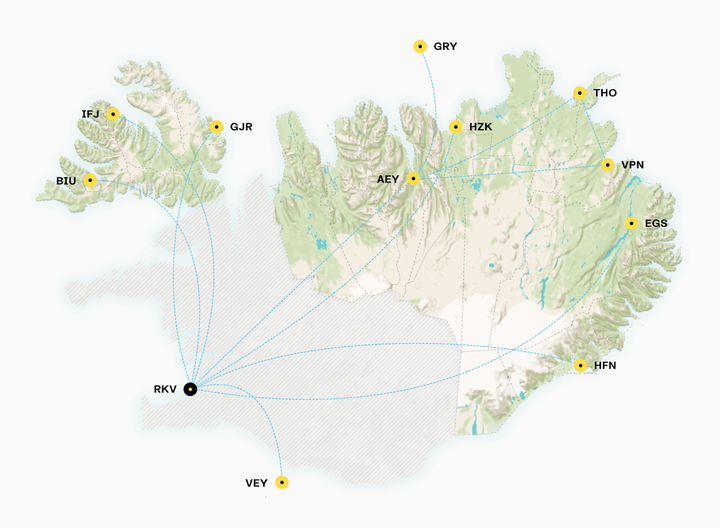 Undir Loftbrú falla Vest­firðir, hluti af Norður­landi vestra, Norðurland eystra, Austurland, Hornafjörður og Vest­manna­eyjar.