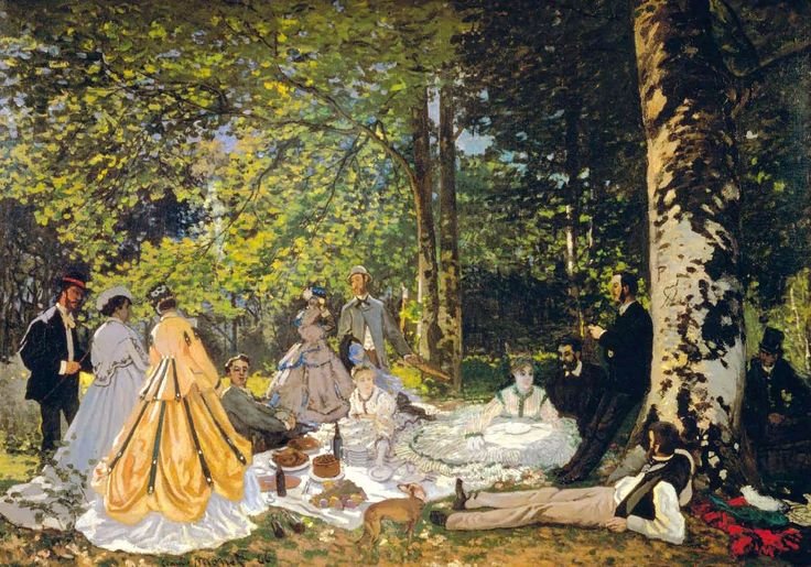 Monet, félagi og vinur Manet, málaði sína útgáfu  af Le Déjeuner sur l'herbe 1865. Hér eru þó allir í fötum.  