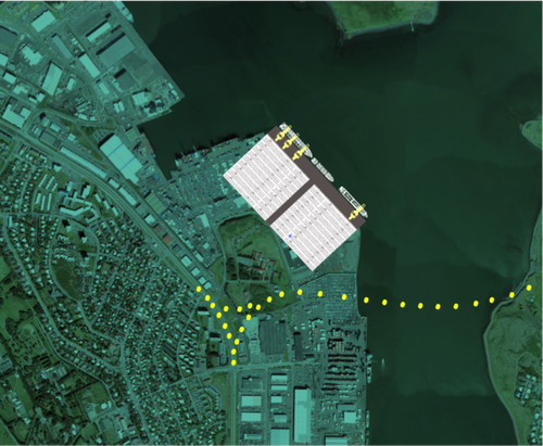 600 metra viðlegu-kantur, 55 metra athafnasvæði og 17 hektarar er meginhlutar gámaafgreiðslu. Punktalínan sýnir legu Sundabrautar. Við bryggju eru sýnd 2.748 TEU-, 1.730 TEU- og 800 TEU-skip, sem er meira en Evrópuflotinn ber í byrjun árs 2018. Ekki er þó endilega mælt með því að allur flotinn sé við bryggju í einu.