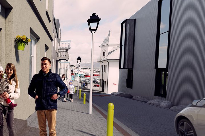 Tölvuteiknuð mynd sem sýnir hvernig Norðurstígur mun líta út að framkvæmdum loknum.