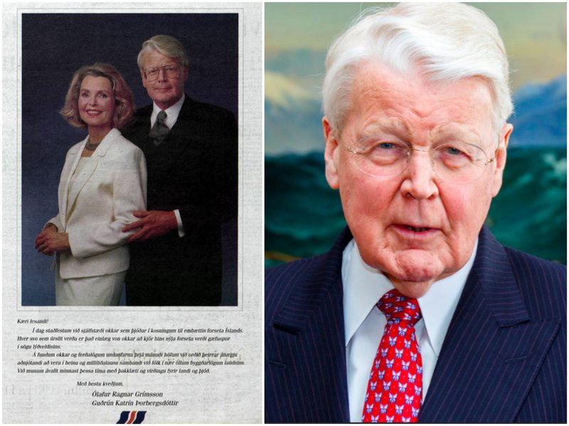 FYRIR 20 ÁRUM. Ólafur Ragnar og Guðrún Katrín á endapunkti kosningabaráttu sinnar 1996 þegar Ólafur var kjörinn forseti í fyrsta sinn. Auglýsingin birtist í Tímanum.