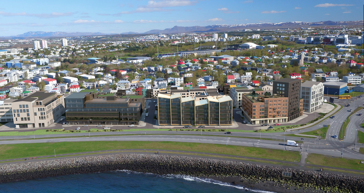 Deilan snýst um verksamning á milli ÍAV og 105 Miðborgar um fyrstu þrjú húsin sem eru þegar risin á reitnum í Laugarnesi. Hér má sjá tölvuteikningu af því hvernig áformað er að svæðið líti út í framtíðinni.