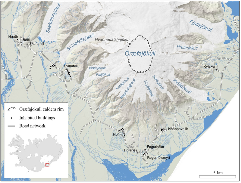 Askja Öræfajökuls, jöklar og næstu byggðir.