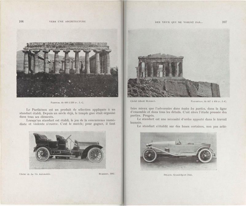 Frægasta opna arkitektúrbókmenntanna, úr Vers. Le Corbusier ber nýjustu frönsku sportbílana saman við Parþenonhof í Aþenu.