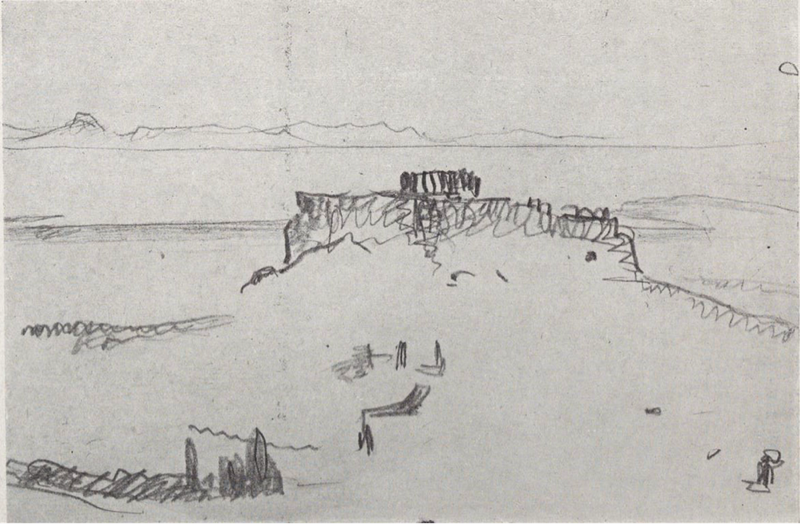 Úr skissubók Le Corbusiers af Parþenon þar sem það trónir yfir Akrapólishæð.