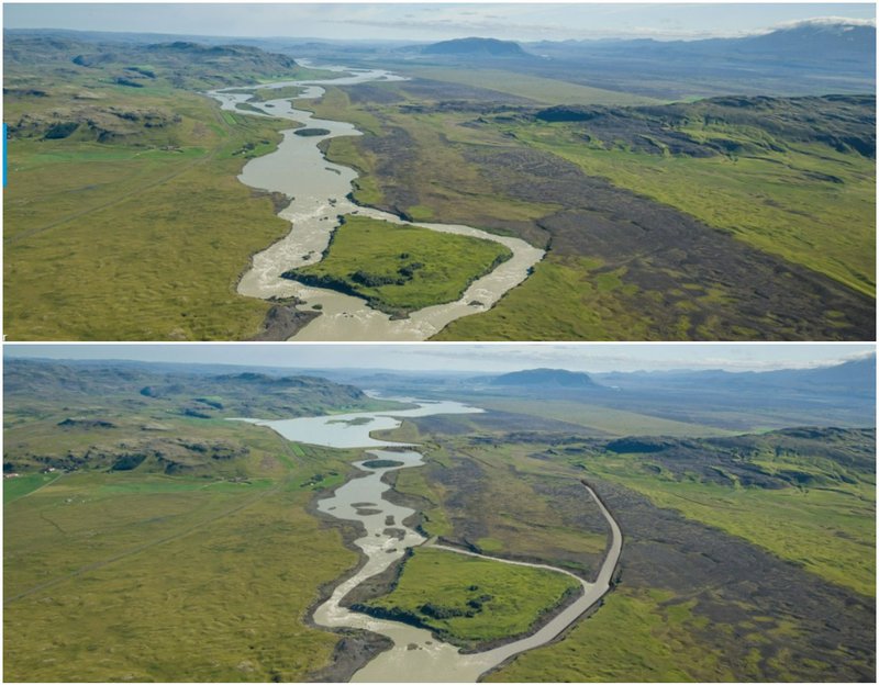 Tölvuteiknaðar myndir úr kynningarefni Landvirkjunar á hinni fyrirhuguðu Hvammsvirkjun í Þjórsá. Á efri myndinni er svæðið ósnortið en sú neðri á að sýna ásýnd landsins að framkvæmdum loknum.