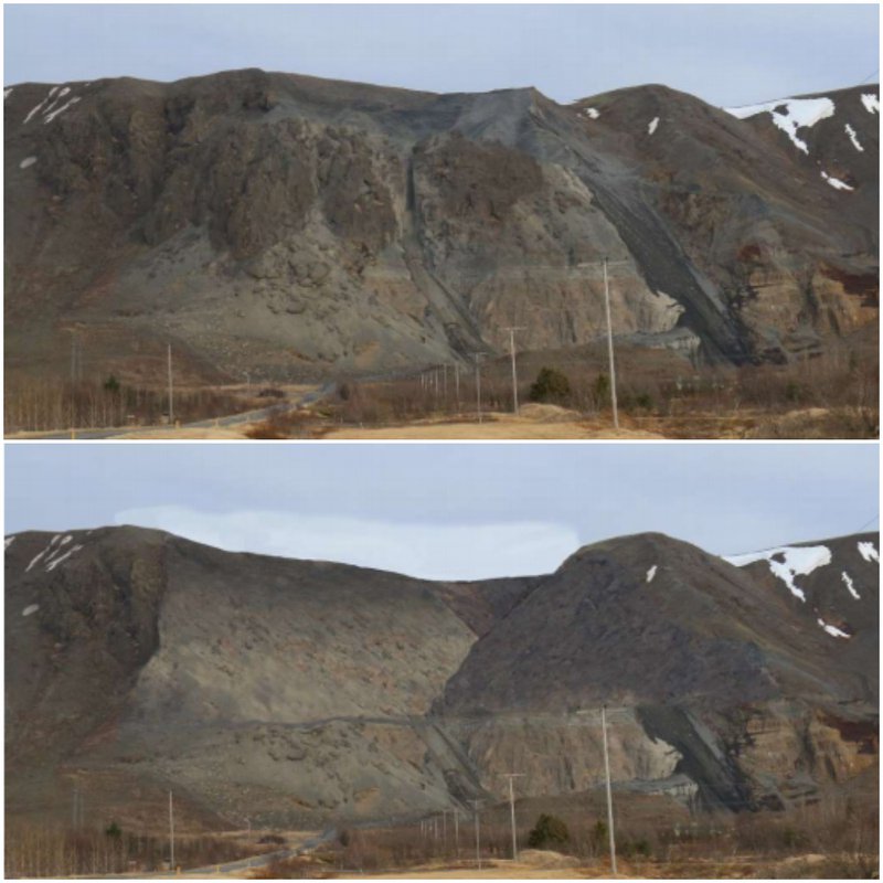 Séð frá Þórustöðum. á efri myndinni er núverandi ásýnd og á þeirri neðri sést hvernig ásýnd Ingólfsfjalls verður er efnistakan verður vel komin á veg. Þetta er sjónarhornið sem að vegfarendur á Suðurlandsvegi sjá og hefur hvað mest sjónræn áhrif. Myndir: Frumatsskýrsla