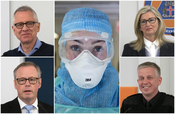 Fólkið í eldlínunni: Þríeykið Þórólfur, Alma og Víðir ásamt Páli Matthíassyni, forstjóra Landspítalans, standa nú aftur í ströngu við að miðla upplýsingum til almennings og móta aðgerðir. Starfsfólk Landspítalans er aftur komið í hlífðarfatnaðinn.