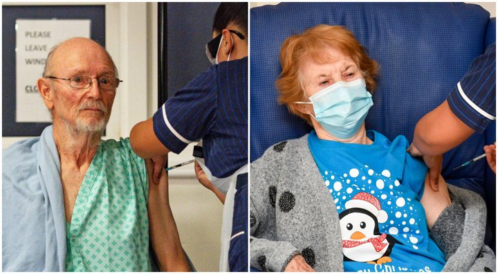 William Shakespeare og Margaret Keenan voru fyrstu Bretarnir sem fengu bóluefni gegn COVID-19 í almennri bólusetningu.
