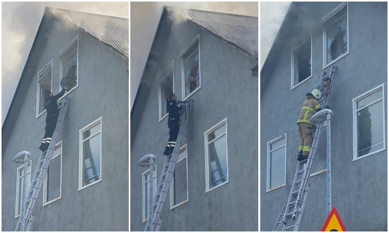 Vasile Tibor Andor bjó á rishæðinni og varð innlyksa í eldhafinu. Hann sagði sögu sína og frá björguninni sem hér sést í viðtali við Kjarnann í nóvember. Mynd: Aðsend