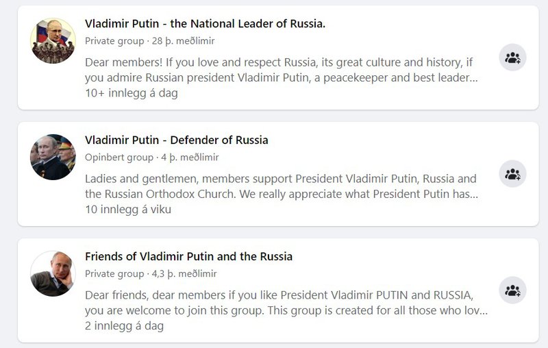 Dæmi um hópa á Facebook þar sem Pútín er lofsunginn. Skjáskot/Facebook