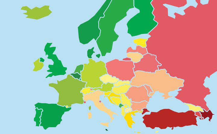 Því grænna, því betri er mannréttindastaðan. Ísland fikrar sig upp um fjögur sæti á milli ára hvað varðar lagalega stöðu hinsegin fólks.
