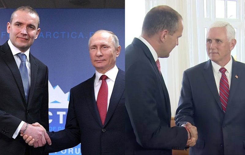 Guðni Th. annars vegar með Pútín og hins vegar með Pence.