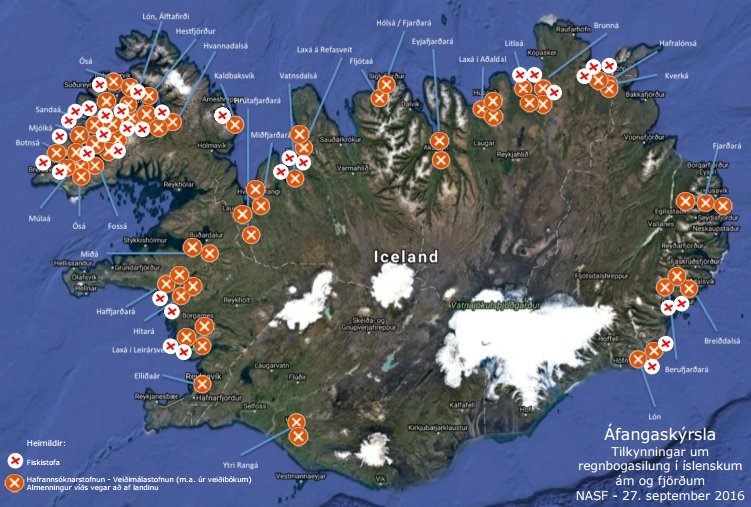 Eins og sést á þessari mynd, sem sýnir tilkynningar um regnbogasilung í íslenskum ám, þá hafa þær borist víða um landið, en hvergi oftar en í grennd við sjókvíaeldi.