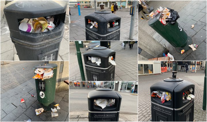 Eftir sex daga verkfall mátti sjá í miðbæ Reykjavíkurborgar yfirfullar ruslatunnur.