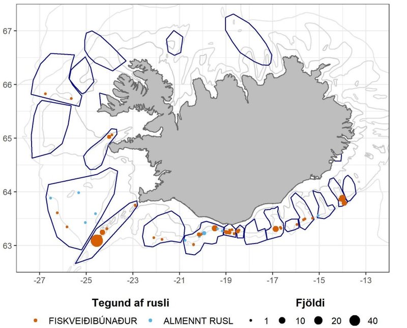 rusl á hafsbotnid. Fjöldi ruslaeininga í kringum landið á árunum 2010‐2019. Stærð punkta segir til um fjölda ruslaeininga á hverju svæði. Kort: Hafrannsóknastofnun