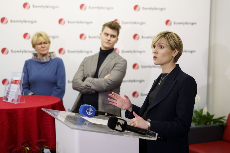 Oddný G. Harðardóttir, Jóhann Páll Jóhannsson og Kristrún Frostadóttir á blaðamannafundi Samfylkingarinnar í dag. Mynd: Samfylkingin