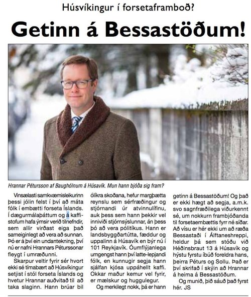 Grein um mögulegt forsetaframboð Hrannars í héraðsfréttablaðinu Skarpi sem kom út í dag.