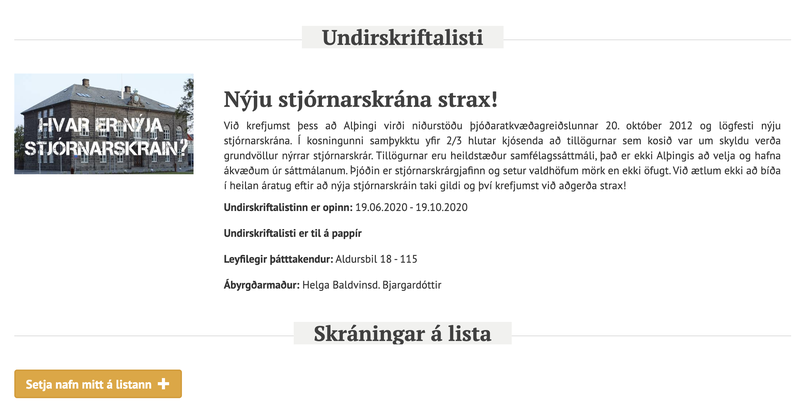 Undirskriftalistinn: „Nýju stjórnarskrána strax!“ Mynd: Skjáskot