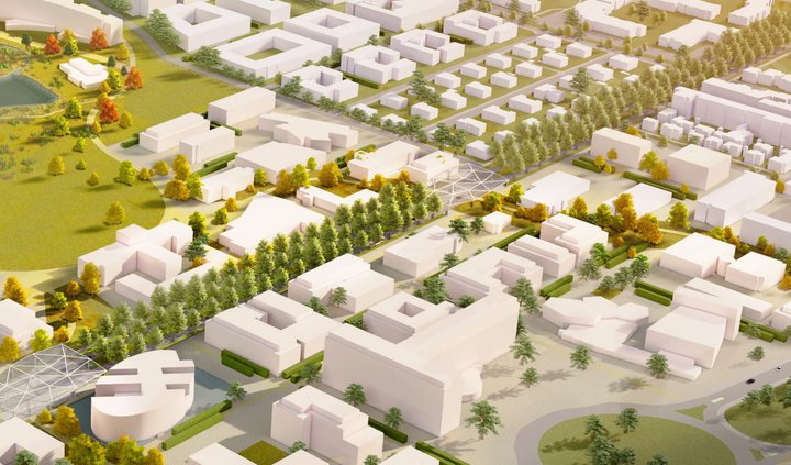 Teikning af mögulegri framtíðarsýn fyrir svæði Háskóla Íslands.