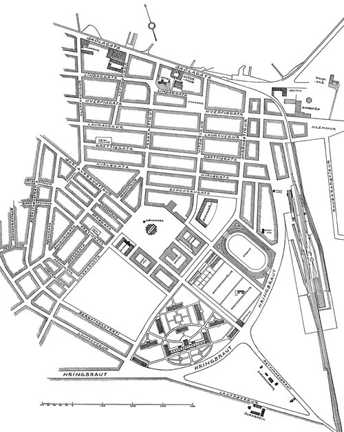 Reykvíkingum hefur verið lofað lestarkerfi allt frá 1925, eins og sjá má í þessu skipulagi Guðjóns Samúelssonar af Skólavörðuholti. Lestarstöð má sjá hægra megin á myndinni, þar sem í dag er Snorrabraut. Þær áætlanir þurftu að víkja þegar ákveðið var að gera Reykjavík að bílaborg, að borgarbúum forspurðum.