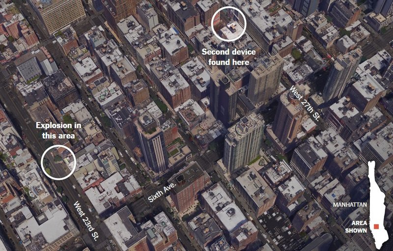 Hér sést vettvangur sprengingarinnar, og síðan hvar sprengjubúnaður fannst í grennd. Myndin er fengin frá New York Times og birtist á Twitter-svæði blaðsins.