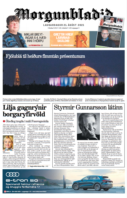 Greint er frá andláti Styrmis á forsíðu Morgunblaðsins í dag.