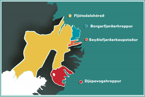 Sveitarfélögin fjögur sem eru að sameinast umvefja Fjarðabyggð, hitt sameinaða sveitarfélagið á Mið-Austurlandi.