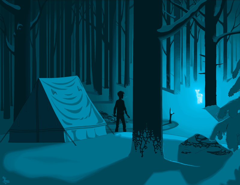 Hér sér Harry Potter verndara sinn í skóginum.