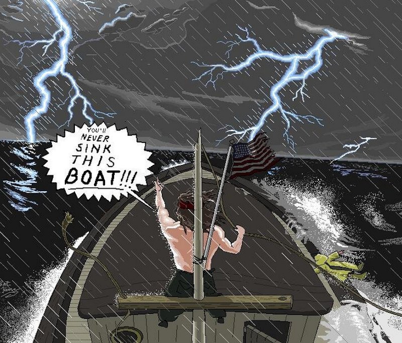 Hér sést Lieutenant Dan hrópa á hafið í kvikmyndinni Forrest Gump.