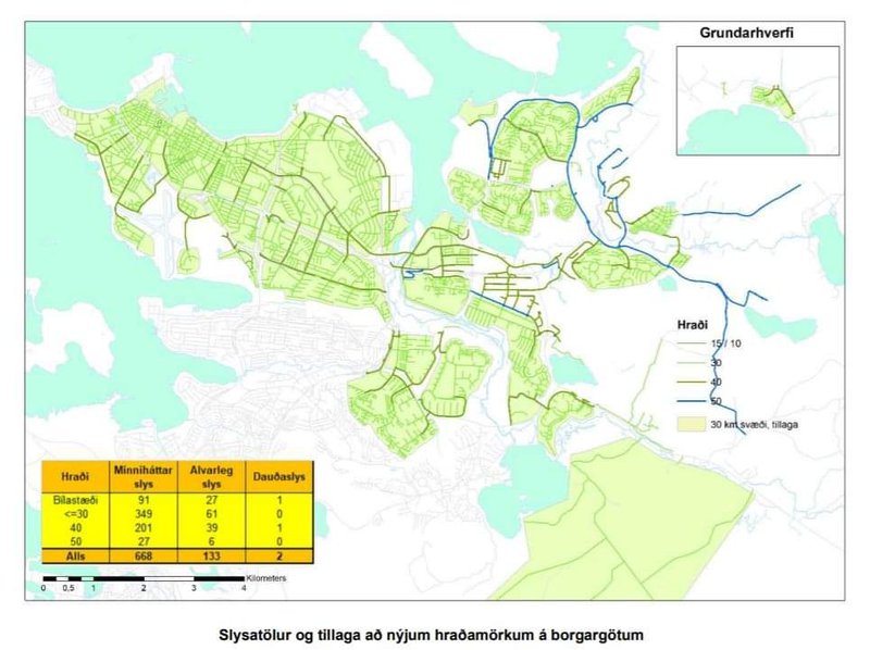 Tillaga að nýjum hámarkshraða á götum borgarinnar, sem samþykkt hefur verið í skipulags- og samgönguráði.