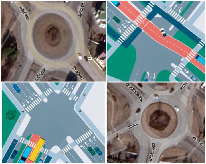 Til vinstri má sjá núverandi hringtorg á Hringbraut og tillöguna þar fyrir neðan og til hægri má sjá núverandi hringtorg á Suðurlandsbraut og tillögu að gatnamótum þar fyrir ofan.