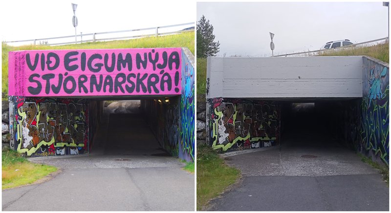 Hér má líta eldra verk Töfrateymisins við undirgöngin í Hafnarfirði. Hægra megin má sjá hvernig veggurinn hefur litið út á kjördag í sveitarstjórnarkosningunum í vor. Mynd: Ólafur Ólafsson.