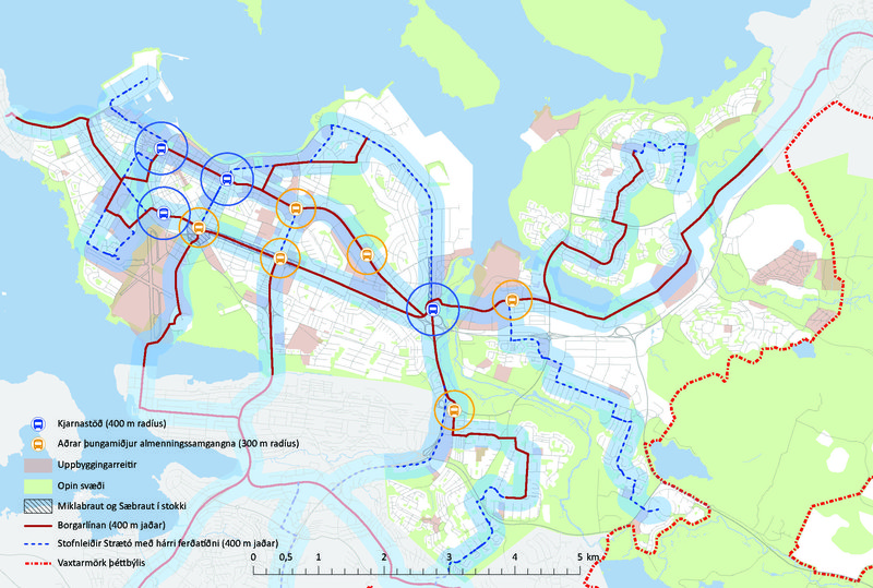 Uppbyggingarreitir fram til ársins 2040 eru flestir í miklu návígi við fyrirhugaða Borgarlínu eða stofnleiðir Strætó. Mynd: Reykjavíkurborg.