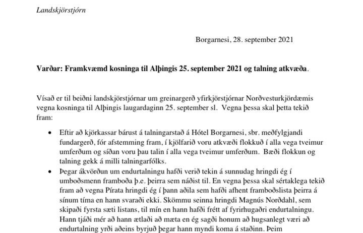 Úr greinargerð formanns yfirkjörstjórnar í Norðvesturkjördæmi til landskjörstjórnar.