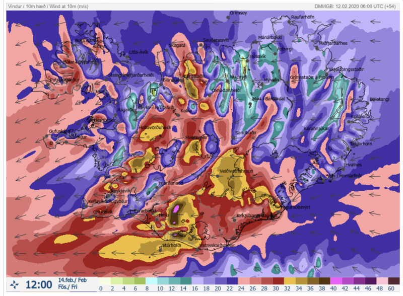 Veðurspá fyrir föstudaginn 14. feb 2020 Mynd: Vedur.is