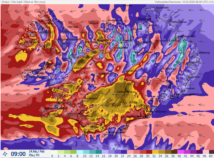 Myndin sýnir vindhraða á landinu um klukkan 9 í morgun.