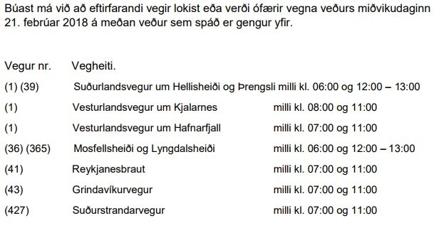 Hér má sjá hvaða lokanir verða á vegum, samkvæmt tilkynningu Vegagerðarinnar.