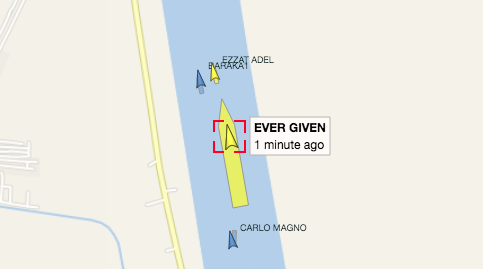 Ever Given siglir um skurðinn á ný. Mynd: Vesselfinder