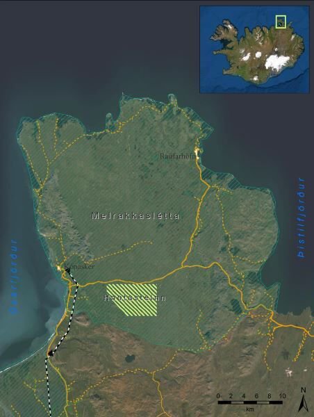 Vindorkuverkefnið er kennt við örnefnið Hnotastein sem er á forni póstleið milli Öxarfjarðar og Þistilfjarðar. Mynd: Úr tillögu að matsáætlun